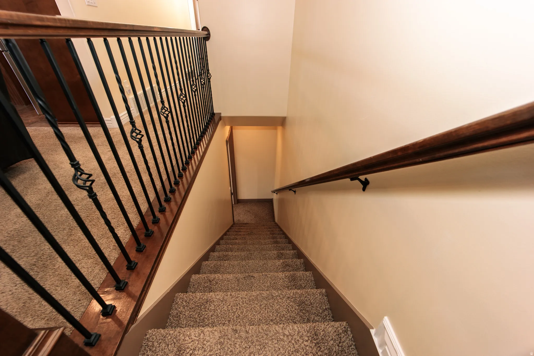 Carpeted staircase featuring a decorative wrought iron balustrade with wood handrails and neutral wall finishes