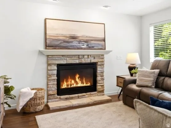 Living area featuring a stone-clad fireplace with a hearth and mantel, dark wood-finish flooring, and multiple windows with horizontal blinds