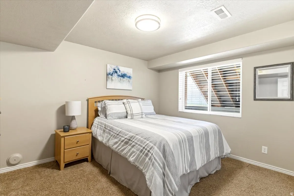 Carpeted interior room featuring a window with white blinds, a ceiling-mounted light fixture, and light-colored wall paint