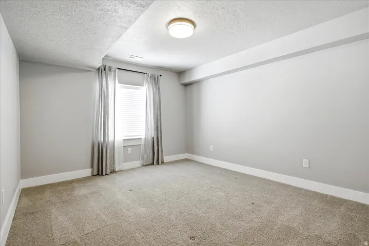 Carpeted interior space featuring a window with integrated blinds, grey wall paint, white trim, and a flush-mount ceiling light fixture