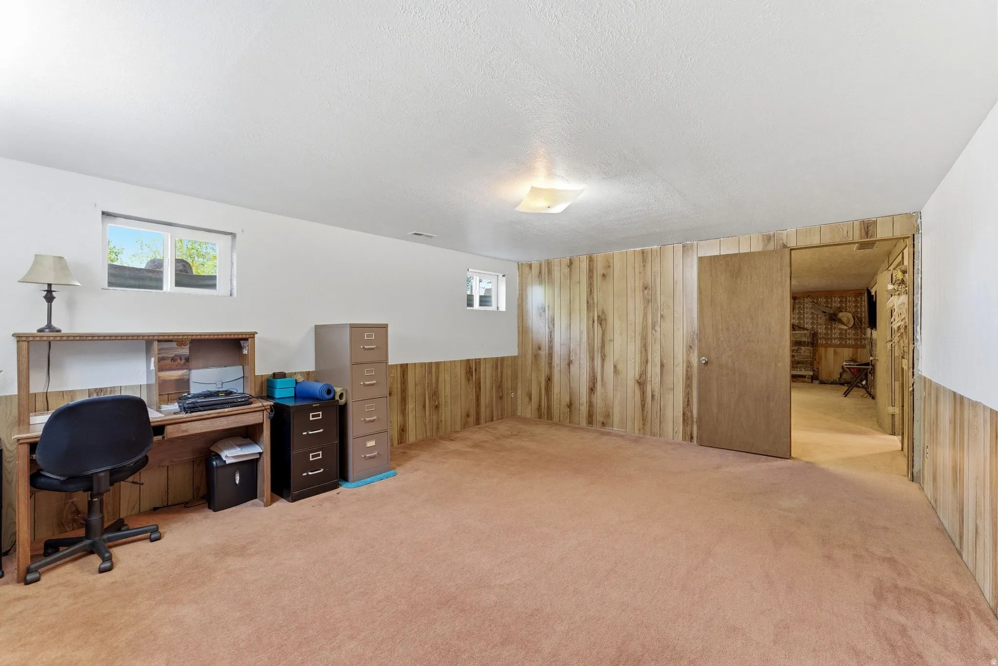Spacious room featuring light-toned wood paneling, carpeted flooring, and two windows allowing natural light