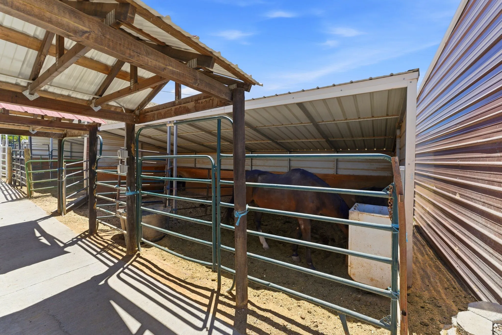 Covered animal enclosure with metal roofing, wood beam framing, and metal fencing