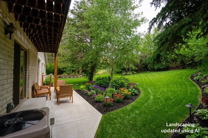 Expansive backyard featuring a manicured lawn, mature trees, and curated landscaping