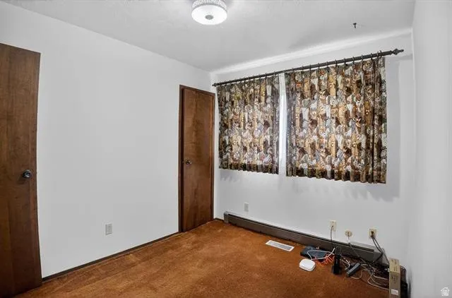 Interior space featuring two wood-finish doors, a flush-mount ceiling light, and brown carpeting