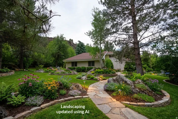 Stone pathway leading to residence, surrounded by manicured lawn, established trees, and varied garden beds with integrated lighting