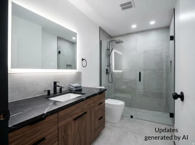 Modern bathroom featuring a wood-finish vanity with a dark countertop and undermount sink, an illuminated mirror, and a glass-enclosed shower with a rainfall showerhead