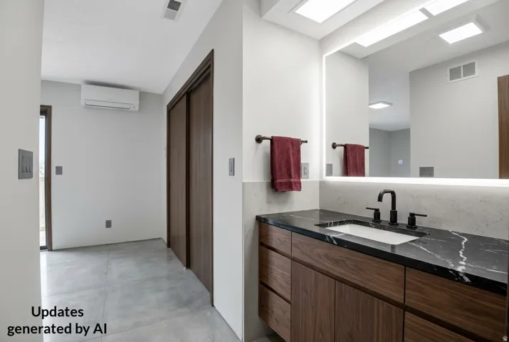 Floating wood-finish vanity with a black countertop, rectangular undermount sink, and matte black faucet