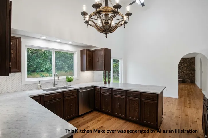 Kitchen featuring wood-finish flooring, dark wood cabinetry, light countertops, and a herringbone tile backsplash