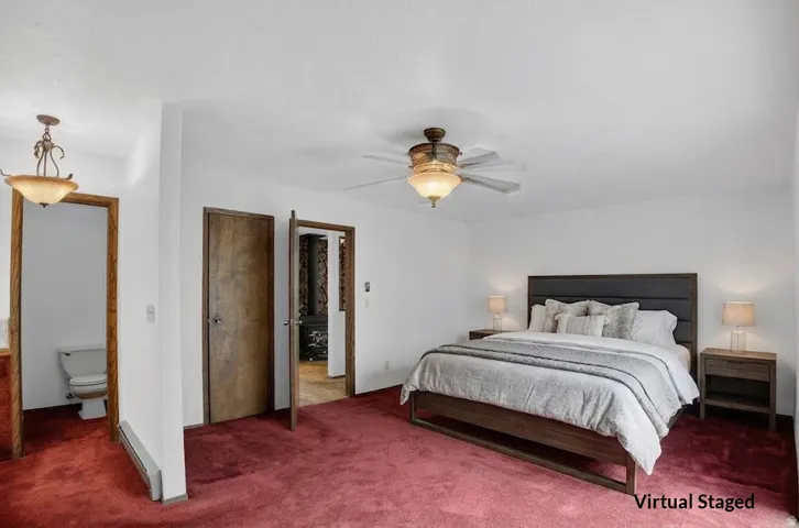 Ceiling fan with integrated lighting, recessed lighting, and wood-finish doors