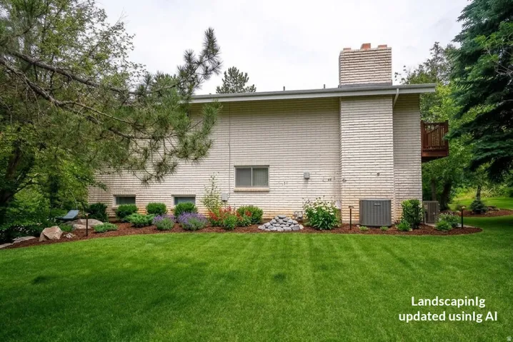 Expansive lawn with manicured landscaping, brick exterior, and a visible chimney structure