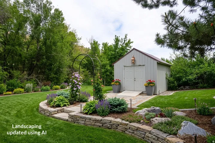 Detached storage shed with double doors, copper outdoor lighting fixture, stone retaining wall, and manicured lawn