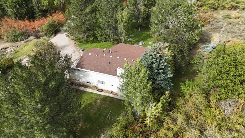 Brown shingle roof, white exterior siding, surrounding mature trees, and natural landscaping