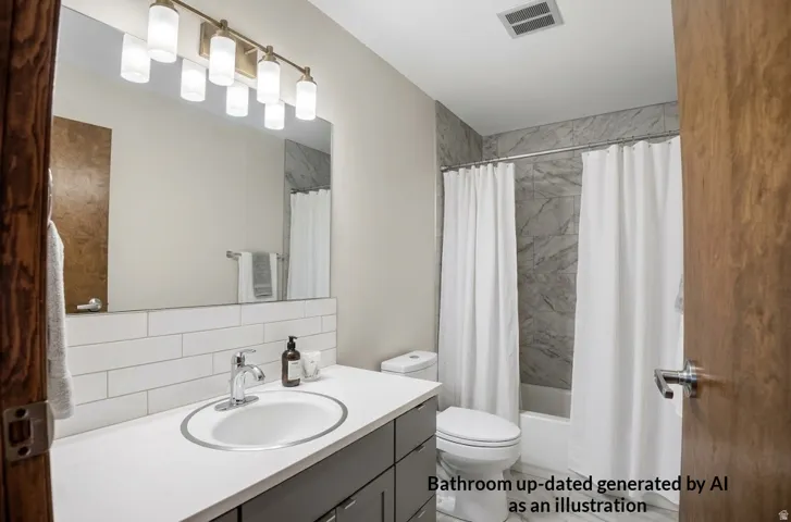 Vanity with white countertop, subway tile backsplash, and mounted mirror