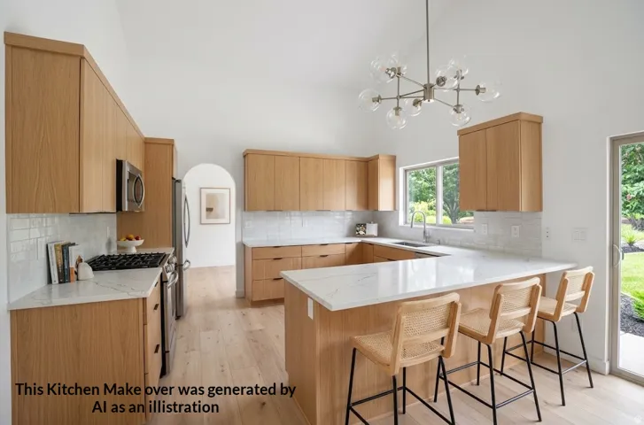 Vaulted ceiling with a modern chandelier, light wood-finish cabinetry, white subway tile backsplash, white countertop island, and stainless steel appliances