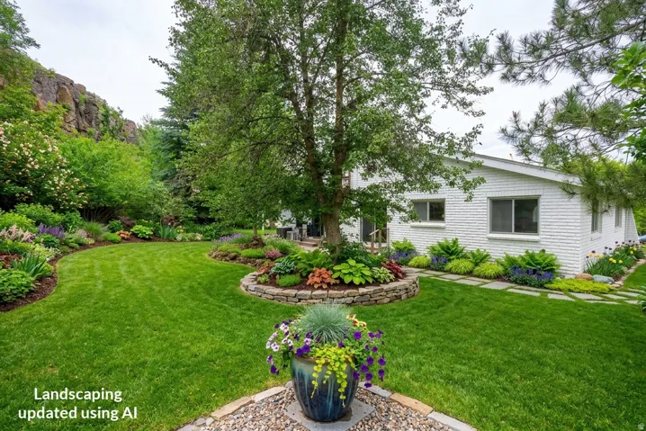 Expansive lawn bordered by extensive plantings, a stone-edged garden bed, and a white brick exterior
