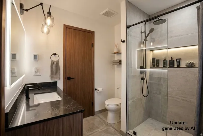Vanity with black countertop, integrated sink, and dark wood-finish cabinetry