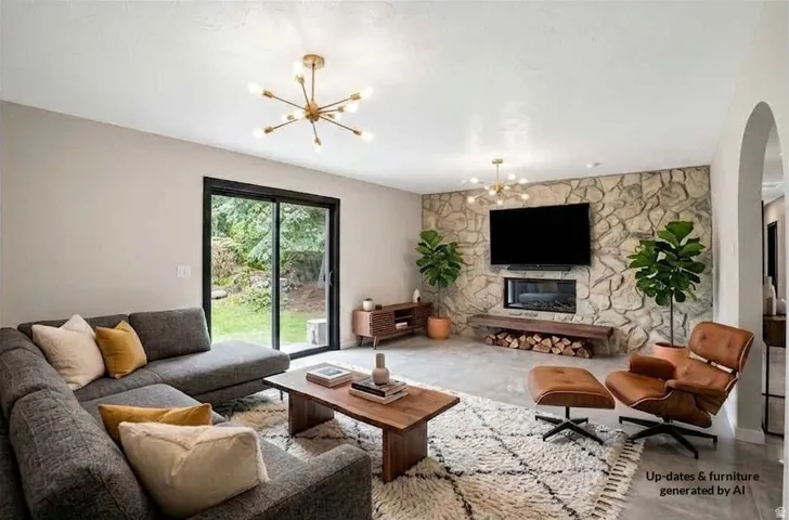 Stone accent wall with a built-in fireplace, modern gold-finish ceiling light fixtures, and a large sliding glass door with dark trim