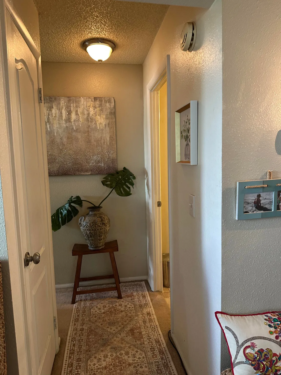 Carpeted hallway featuring a flush-mount ceiling light fixture, neutral wall colors, and white trim