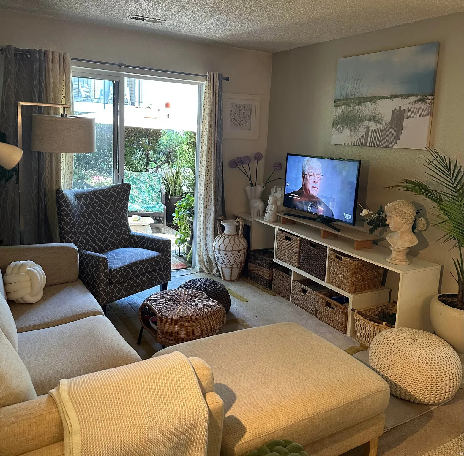 Living area with light-colored walls and carpet flooring