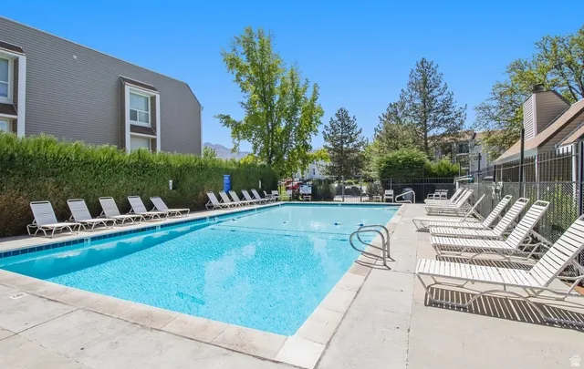 Outdoor swimming pool surrounded by concrete decking and lounge seating