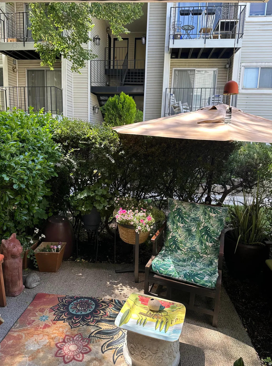 Private patio area featuring concrete flooring, surrounding mature shrubbery, and a decorative outdoor rug