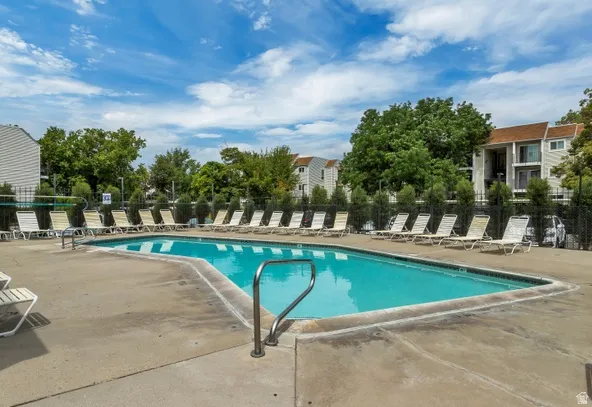 Community swimming pool with concrete surround, bordered by multiple lounge chairs and mature trees