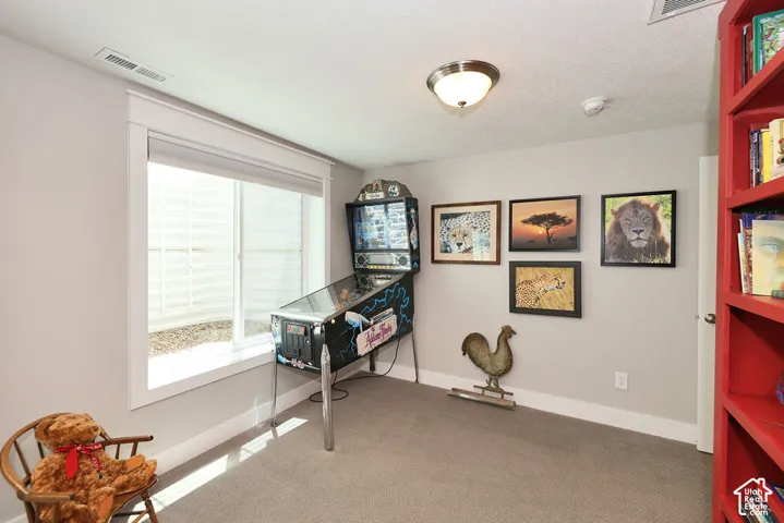 Carpeted room with a large window, recessed lighting, and a built-in red bookshelf