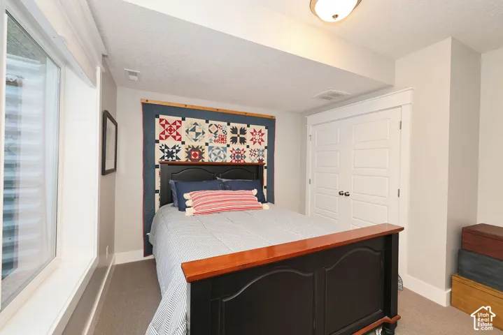 Carpeted bedroom featuring a large egress window, white trim, a built-in closet with panel doors, and a flush-mount ceiling light fixture