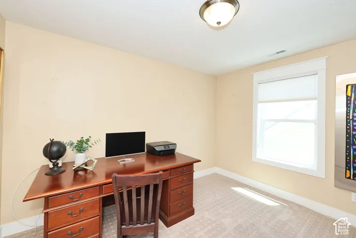 Dedicated room featuring carpet flooring, light-colored walls, a single window with blinds, a white-trimmed window frame, and a flush mount ceiling light fixture