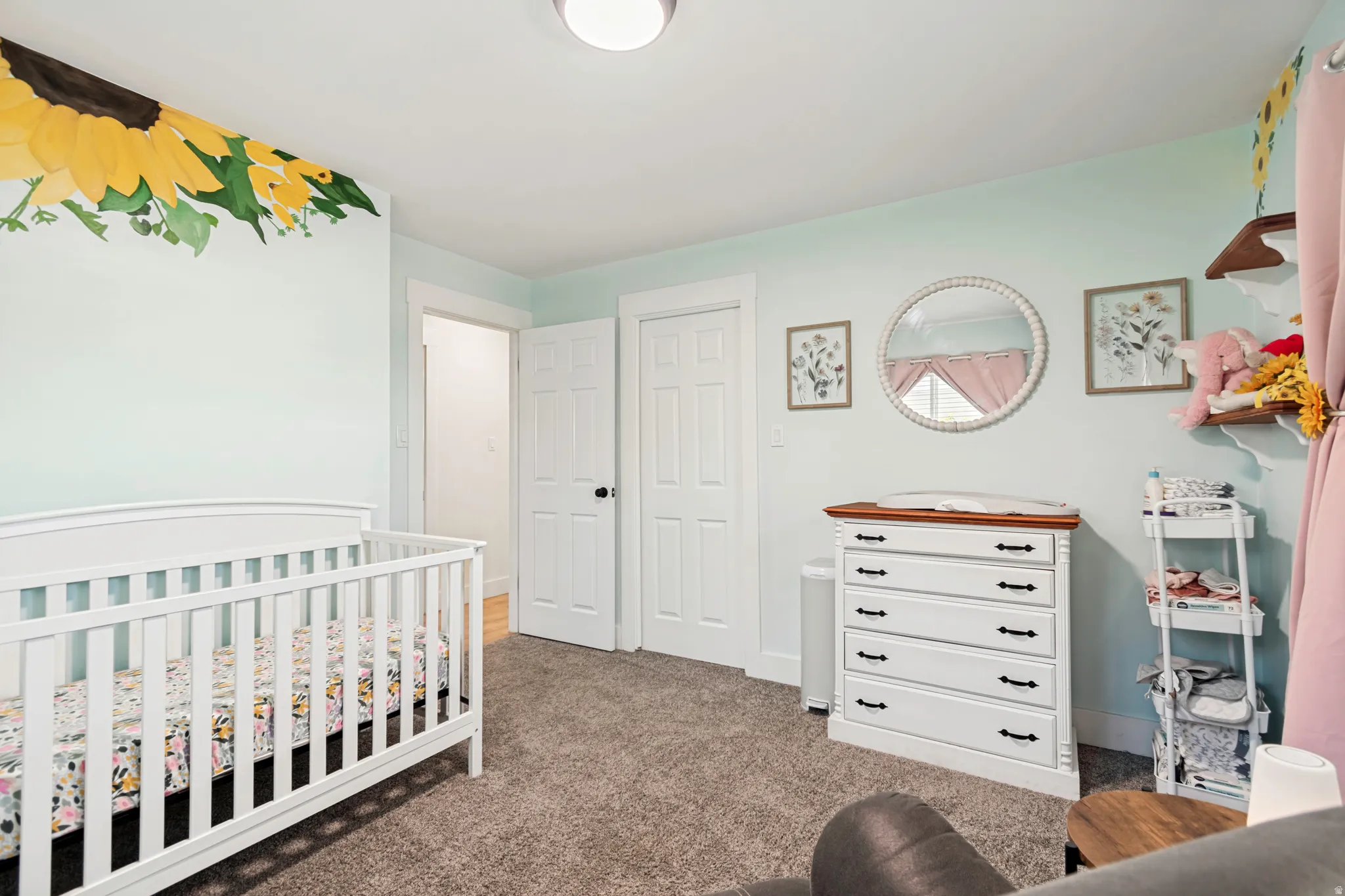 Carpeted room featuring a ceiling-mounted light fixture and two white paneled doors