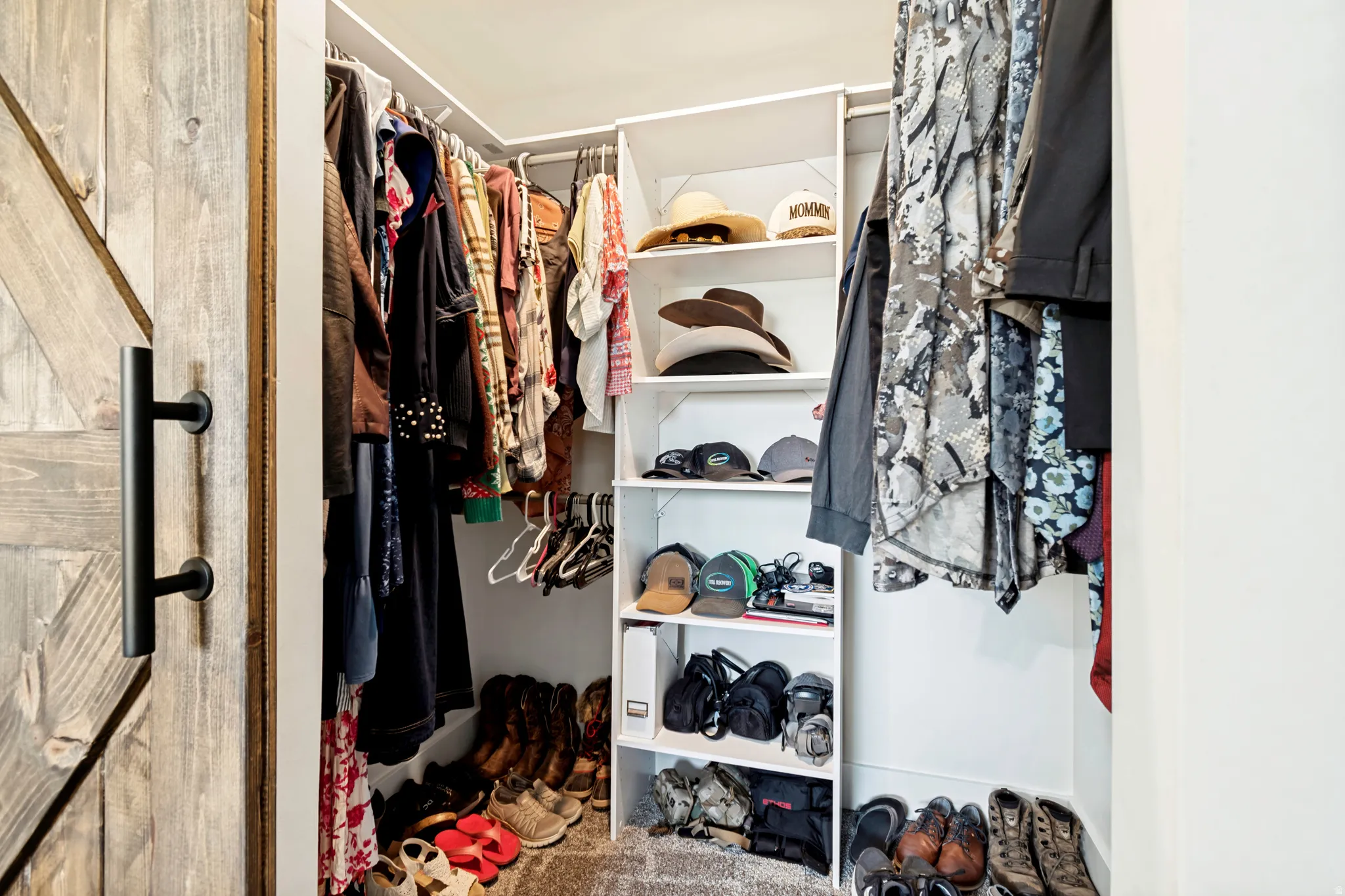 Custom built-in closet system featuring multiple hanging rods, integrated shelving, and carpeted flooring