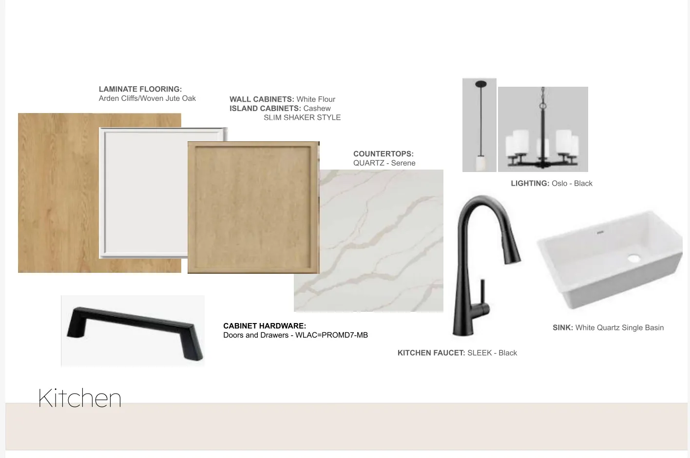 Kitchen Design Board. Specifying material and finish selections for the property's kitchen area