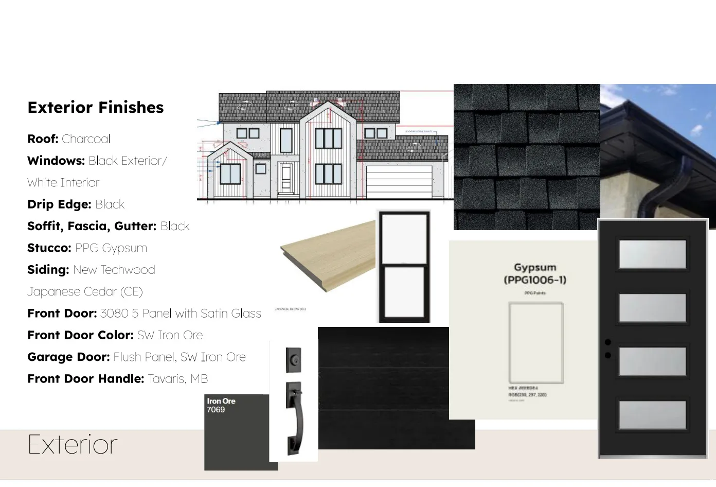 Exterior Finishes Specification. Detailing material and color selections for the property's external elements