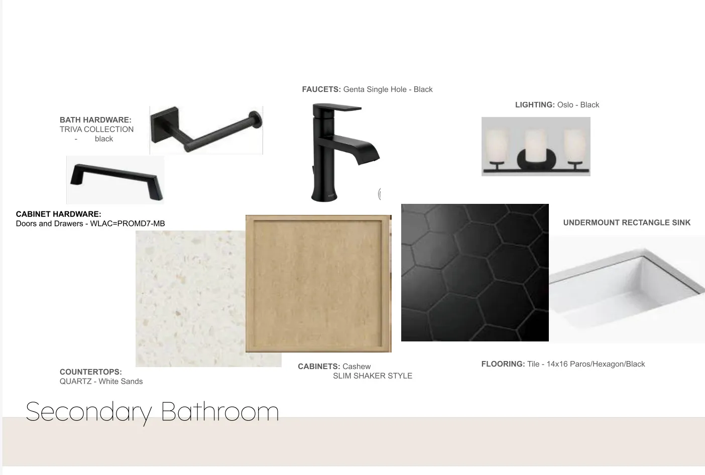 Design Specification Sheet, Secondary Bathroom. Detailing material and fixture selections for the property's secondary bathroom