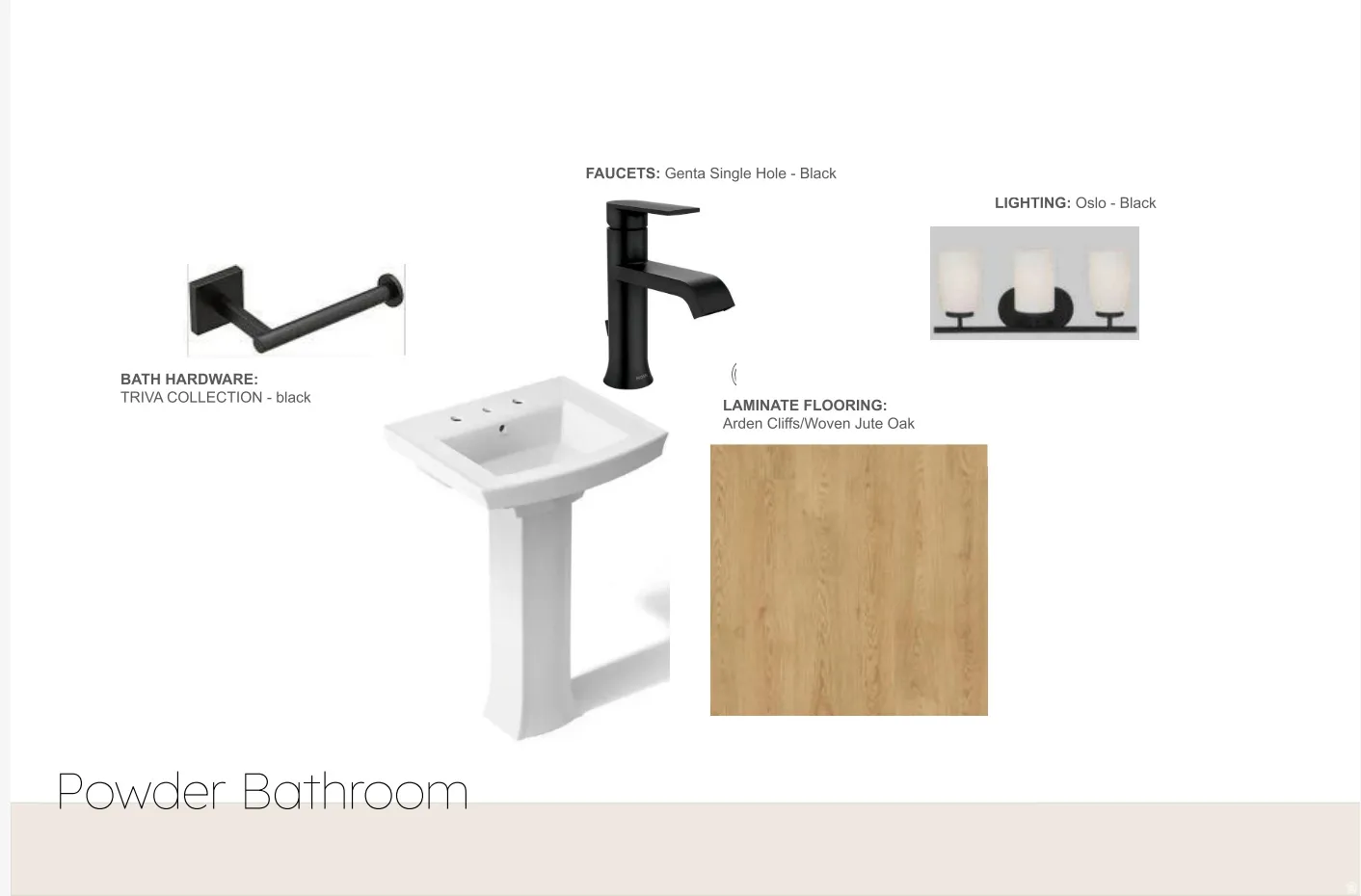 Property Finishes Specification. Detailing selections for bath hardware, faucets, lighting, and laminate flooring for the property