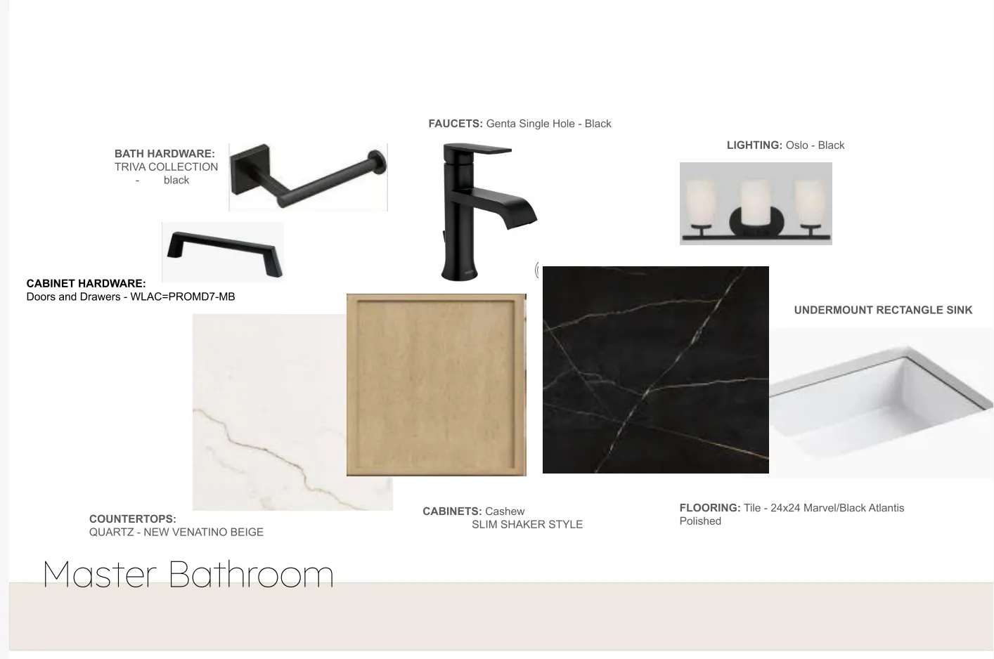 Master Bathroom Design Specification. Detailing material selections for the property's primary bathroom