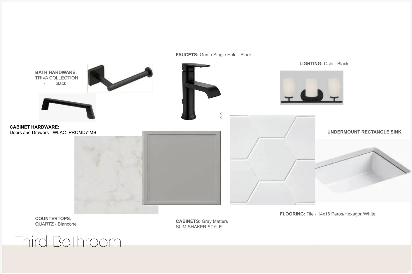 Design Specification Sheet. Detailing material and fixture selections for the property's third bathroom