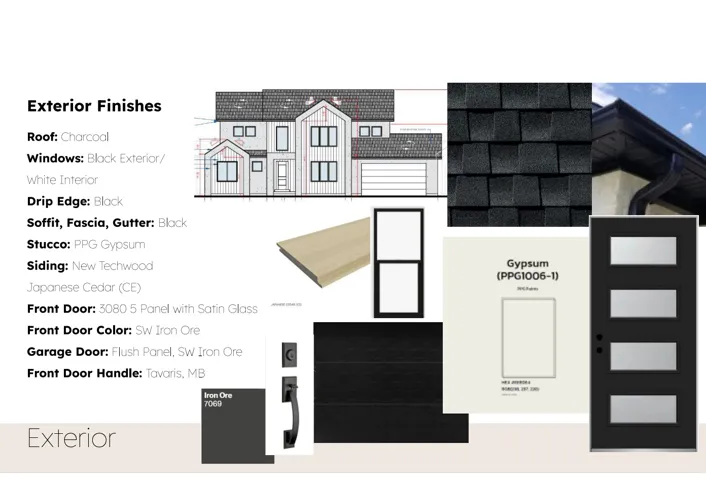 Exterior Finishes Specification. Detailing material and color selections for the property's external elements