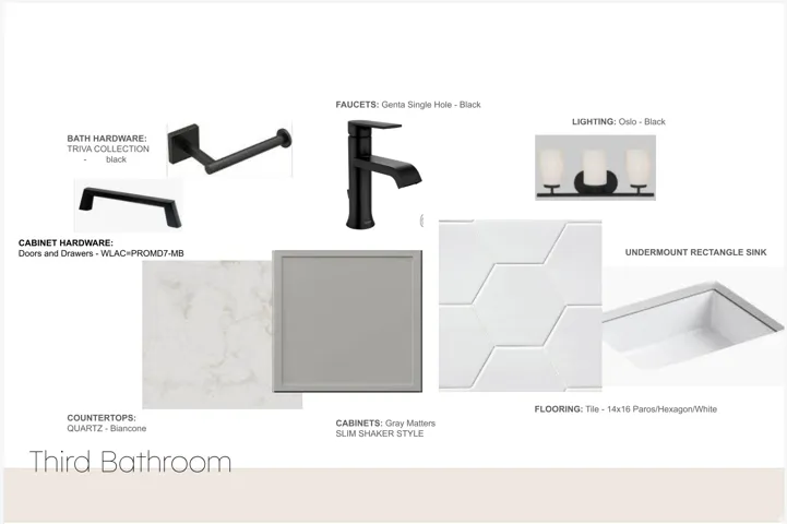 Design Specification Sheet. Detailing material and fixture selections for the property's third bathroom