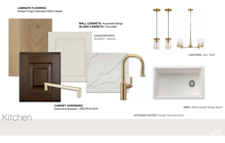 Kitchen Material Selections. Displaying the chosen finishes and fixtures for the property's kitchen