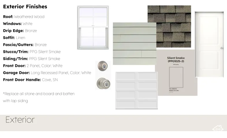 Exterior Finishes. Detailing material and color specifications for the property's exterior elements