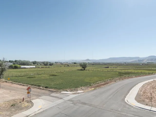 Expansive rural landscape featuring green fields, distant mountains, and a clear sky