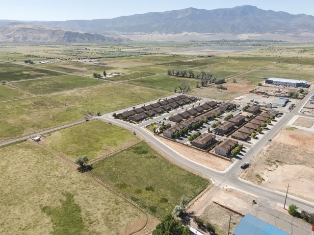 Aerial view showcasing a residential community with multiple detached properties, paved streets, and a backdrop of mountainous terrain