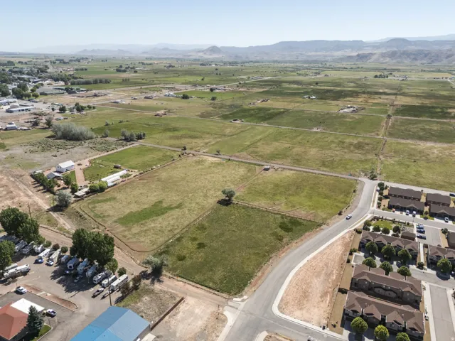Expansive agricultural fields with distant mountains, featuring a paved road bordering residential structures