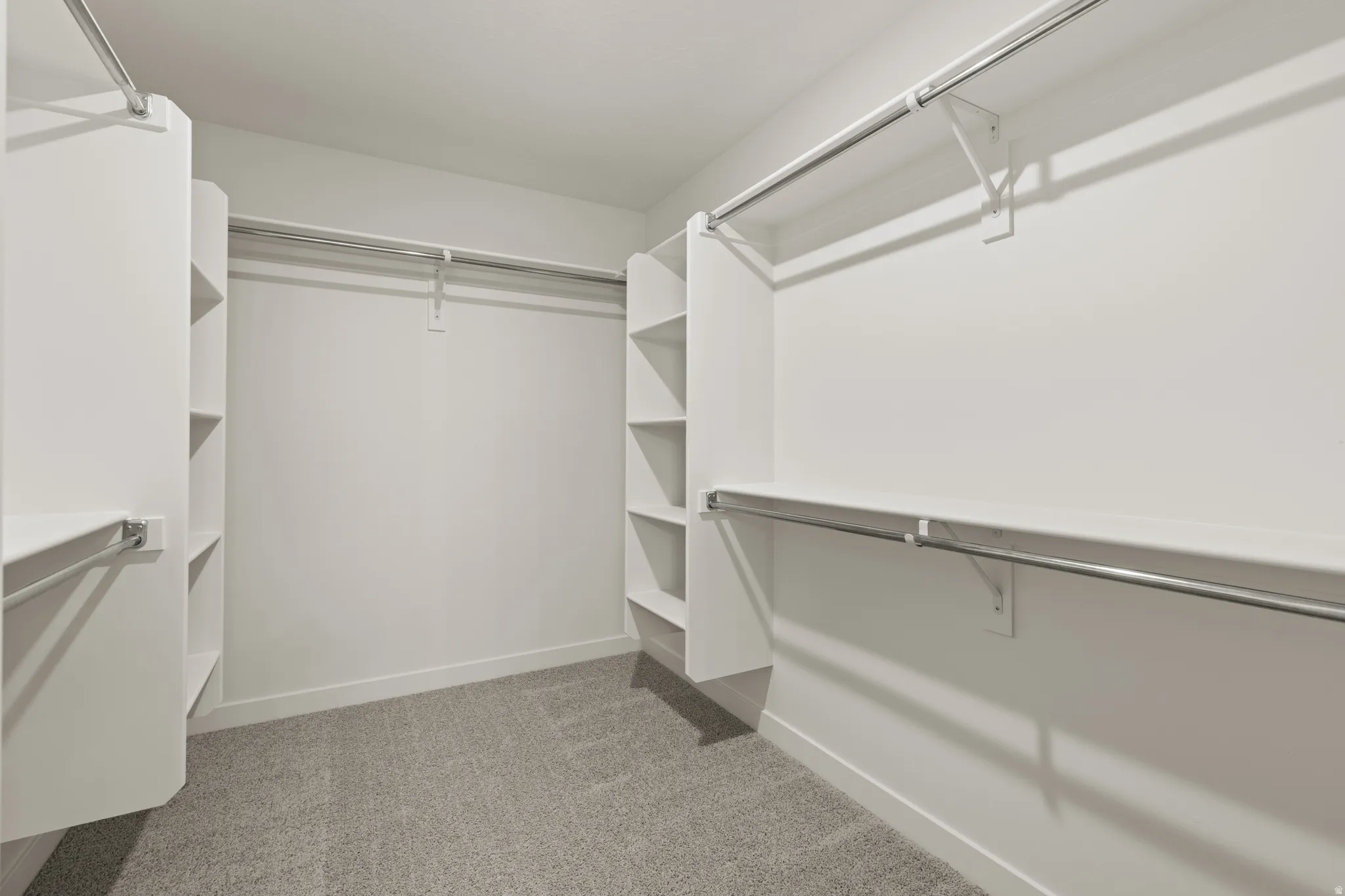 Walk-in closet featuring built-in shelving, white walls, gray carpet flooring, and clothing rods