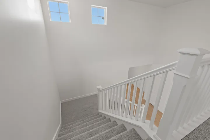 Carpeted staircase with white balusters and handrail