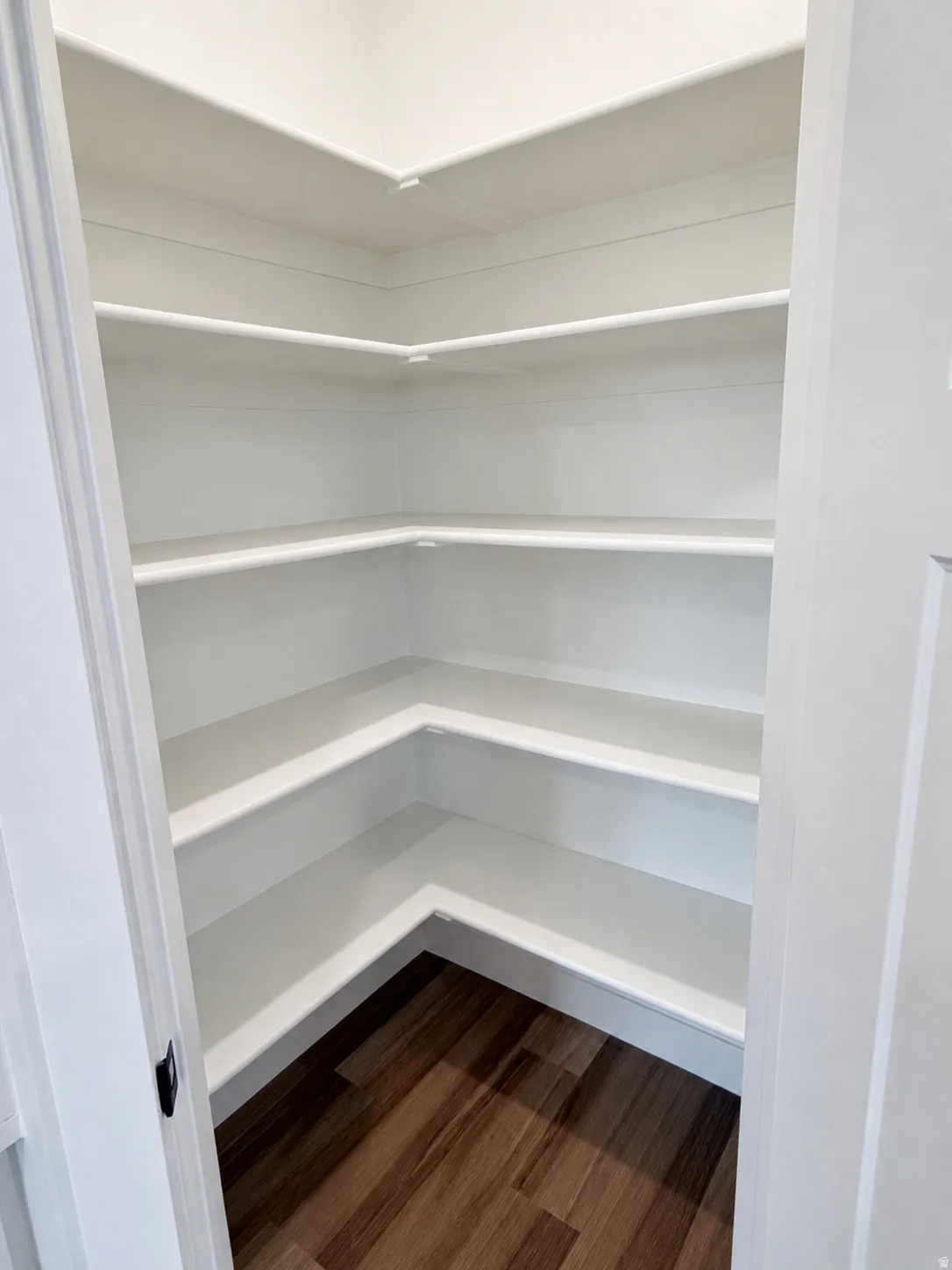 Spacious pantry featuring multiple white built-in shelves and wood-finish flooring