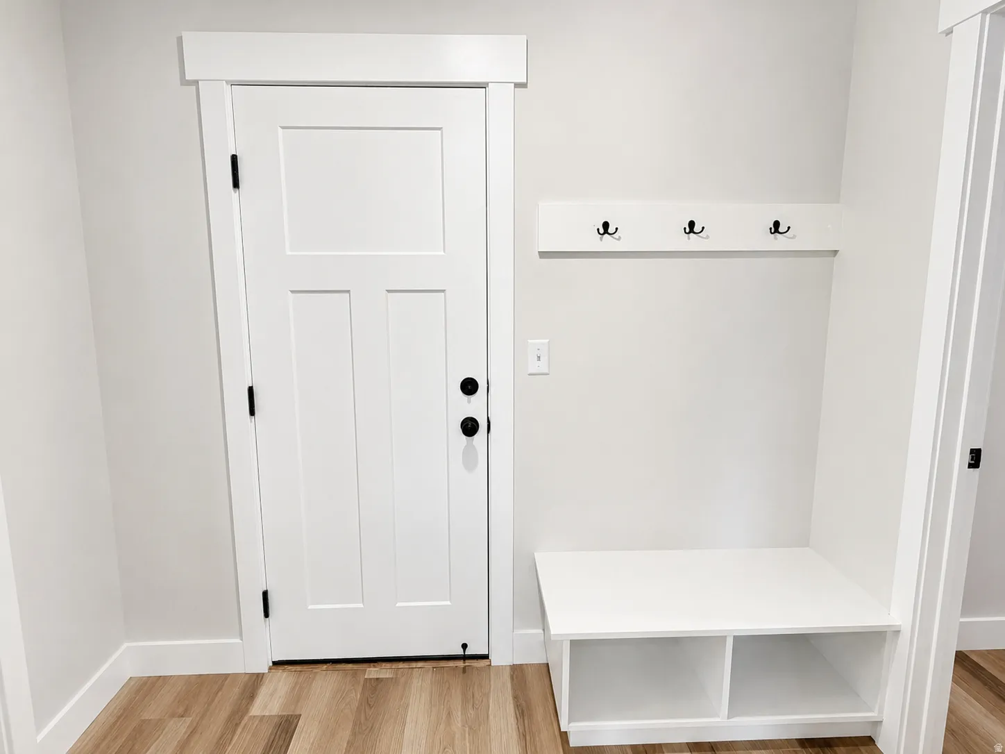 Entryway with wood-finish flooring, a white three-panel door, and black hardware