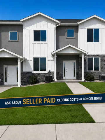 Modern townhome exterior featuring white vertical siding, dark gray stucco, and dark gray stone veneer accents