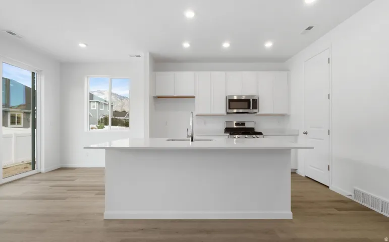 White cabinetry with sleek hardware, stainless steel appliances, recessed lighting, and wood-finish flooring